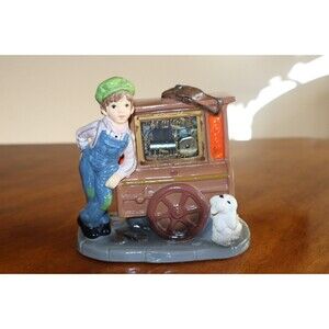 Video* Vtg TOYO Porcelain Organ Machine Grinder Boy Dog Music Box Peddler Cart